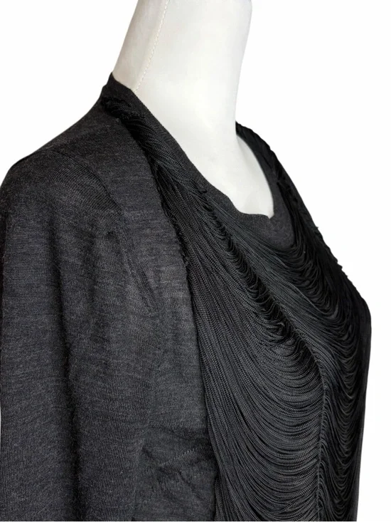 Vera Wang Black Long Sleeve Draped Fringe Top - Picture 4 of 7